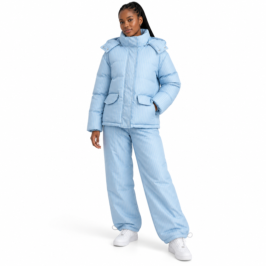 Pale blue Quilted Puffer Set & Separates shown on a model