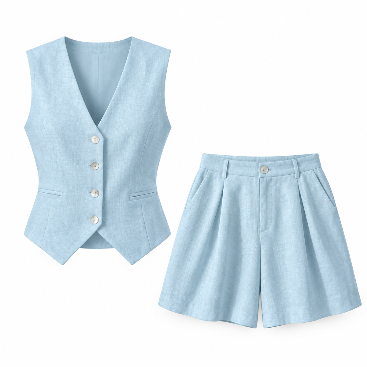 Pale blue Linen-Look Vest & Shorts Set product view