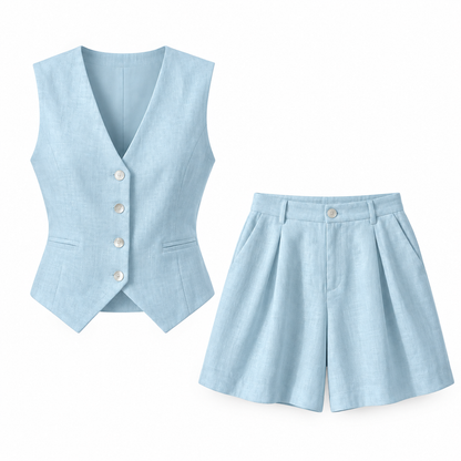 Pale blue Linen-Look Vest & Shorts Set product view