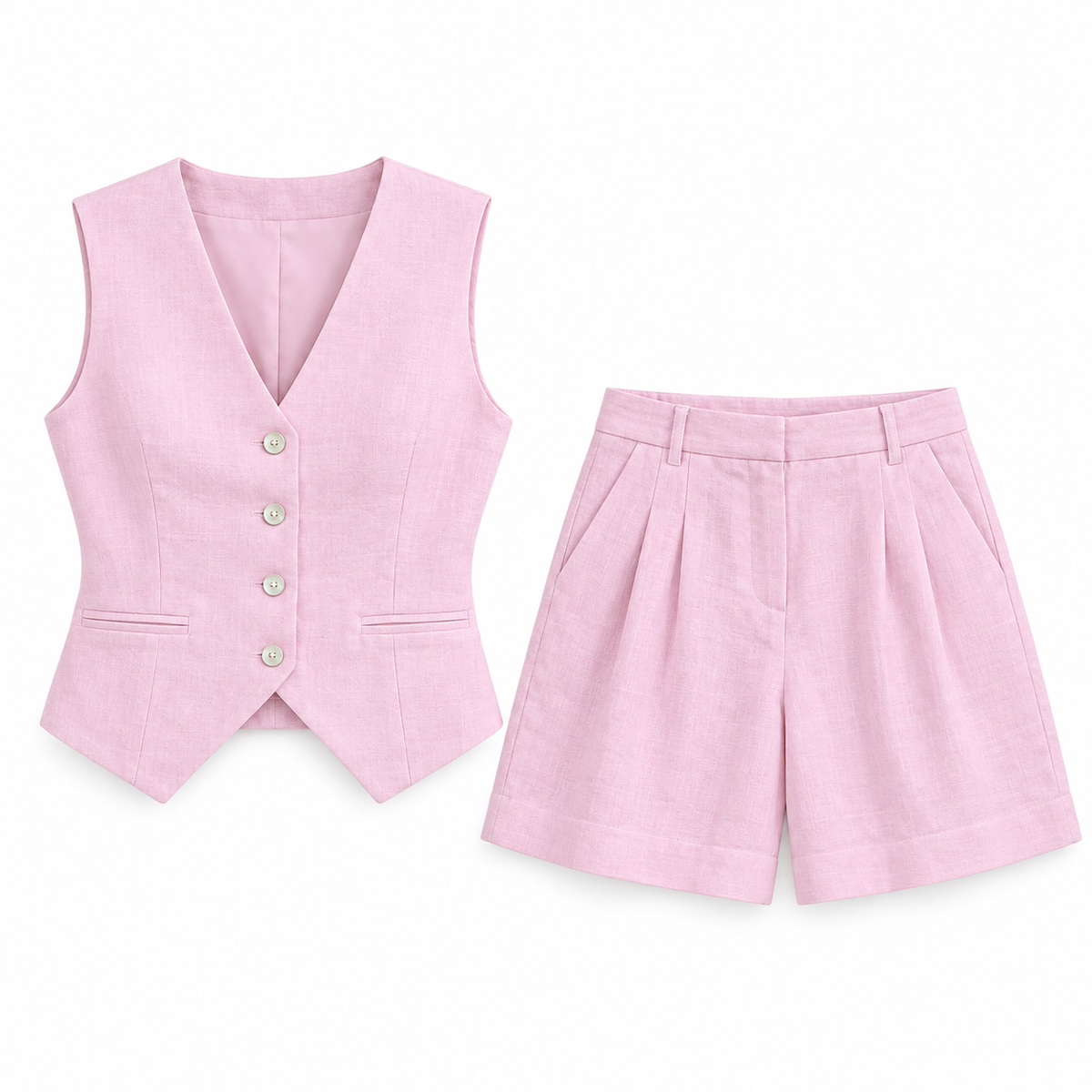 Pale pink Linen-Look Vest & Shorts Set product view