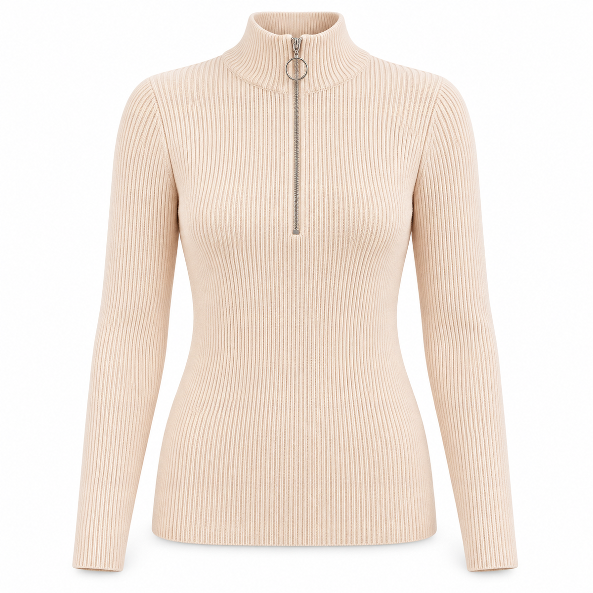 Peach cream Zip-Neck Knit Sweater product view