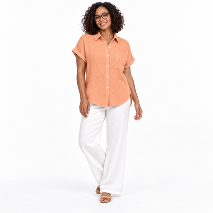 Peach Relaxed Cotton-Blend Short-Sleeve Shirt shown on a model