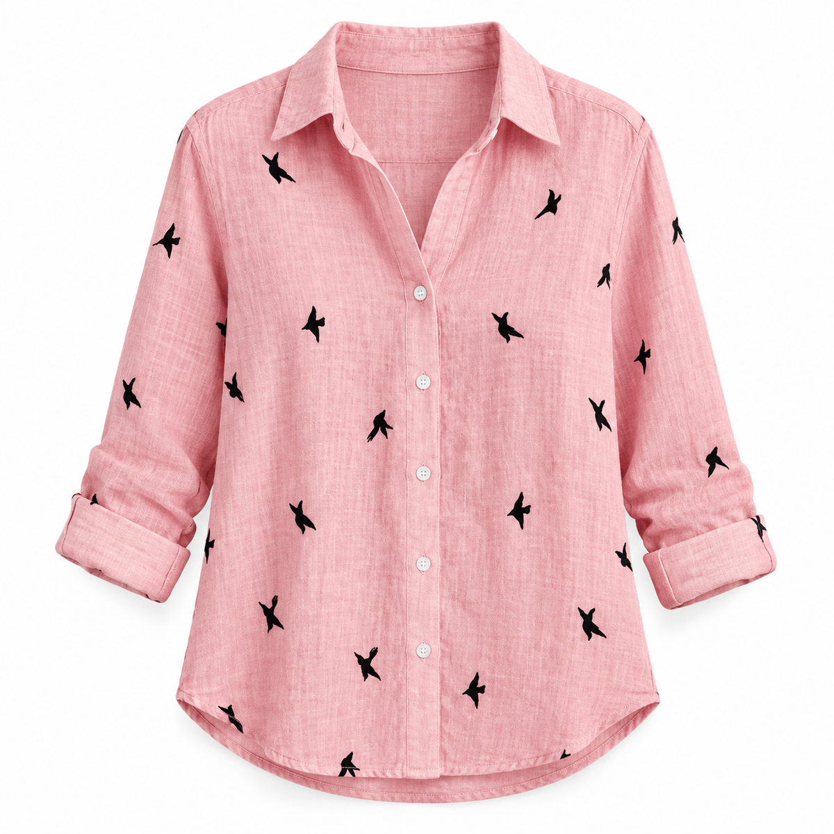 Pink bird Relaxed Long-Sleeve Button Shirt product view