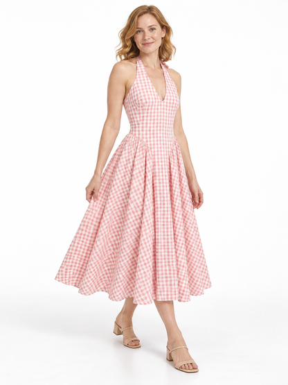 Pink gingham Plaid Halter Midi Dress shown on a model