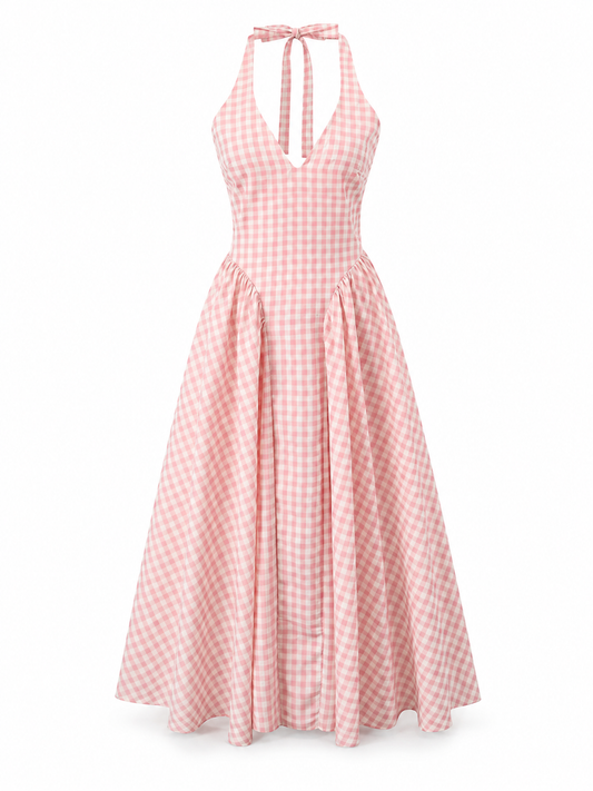 Pink gingham Plaid Halter Midi Dress product view