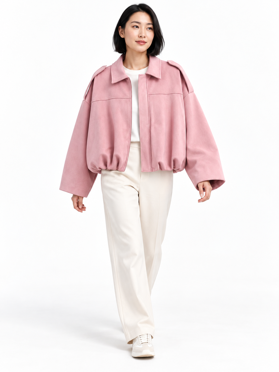 Pink Oversized Suede-Effect Bomber Jacket shown on a model