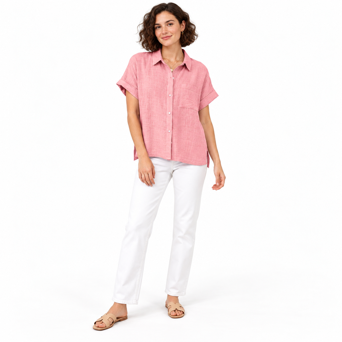 Pink Loose Linen-Blend Short-Sleeve Shirt shown on a model