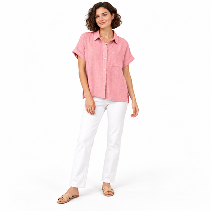 Pink Loose Linen-Blend Short-Sleeve Shirt shown on a model
