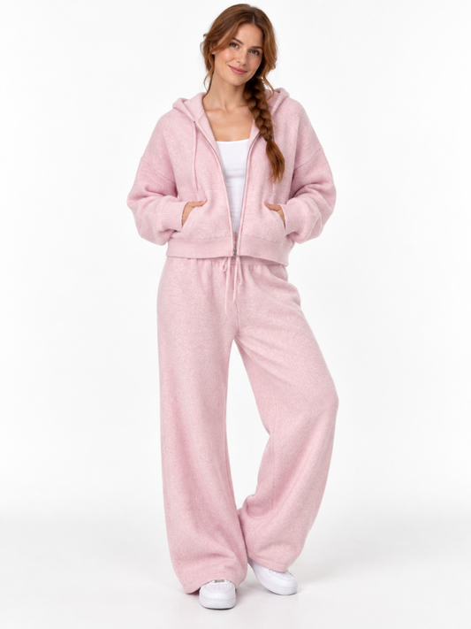 Pink Hooded Knit Lounge Set shown on a model