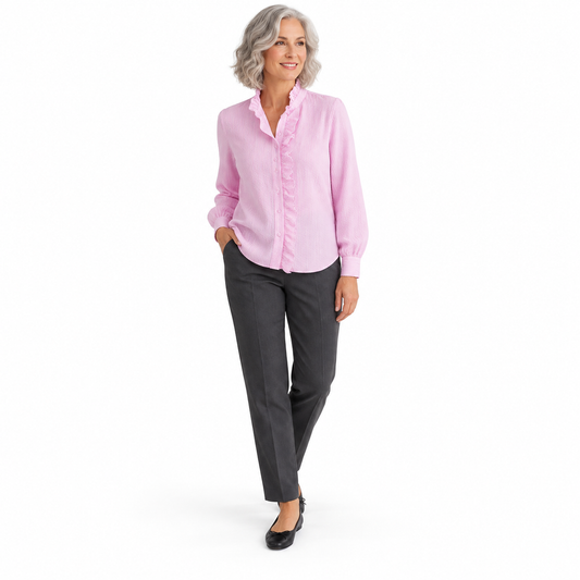 Ruched High-Neck Button Blouse