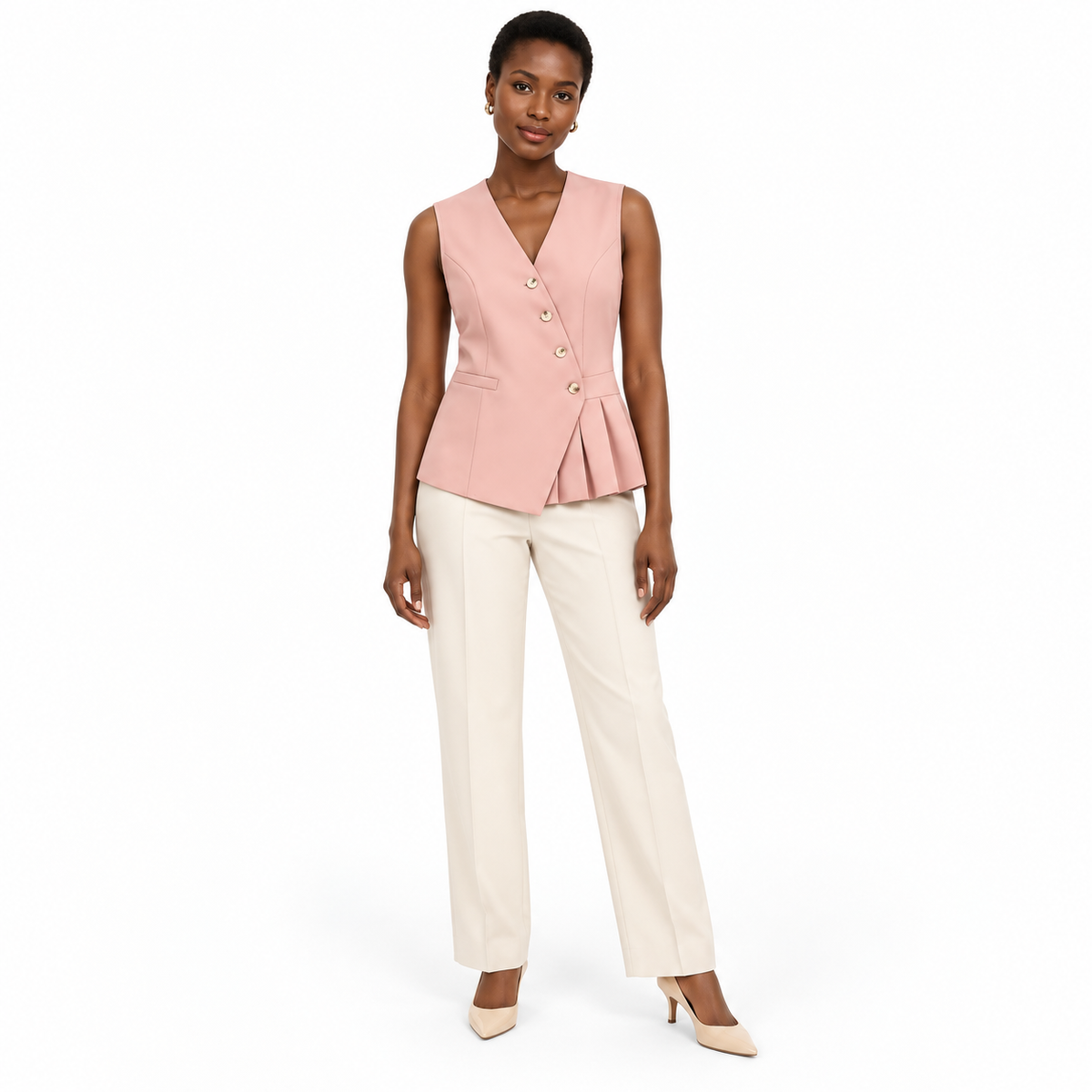 Pink Pleated V-Neck Waistcoat shown on a model