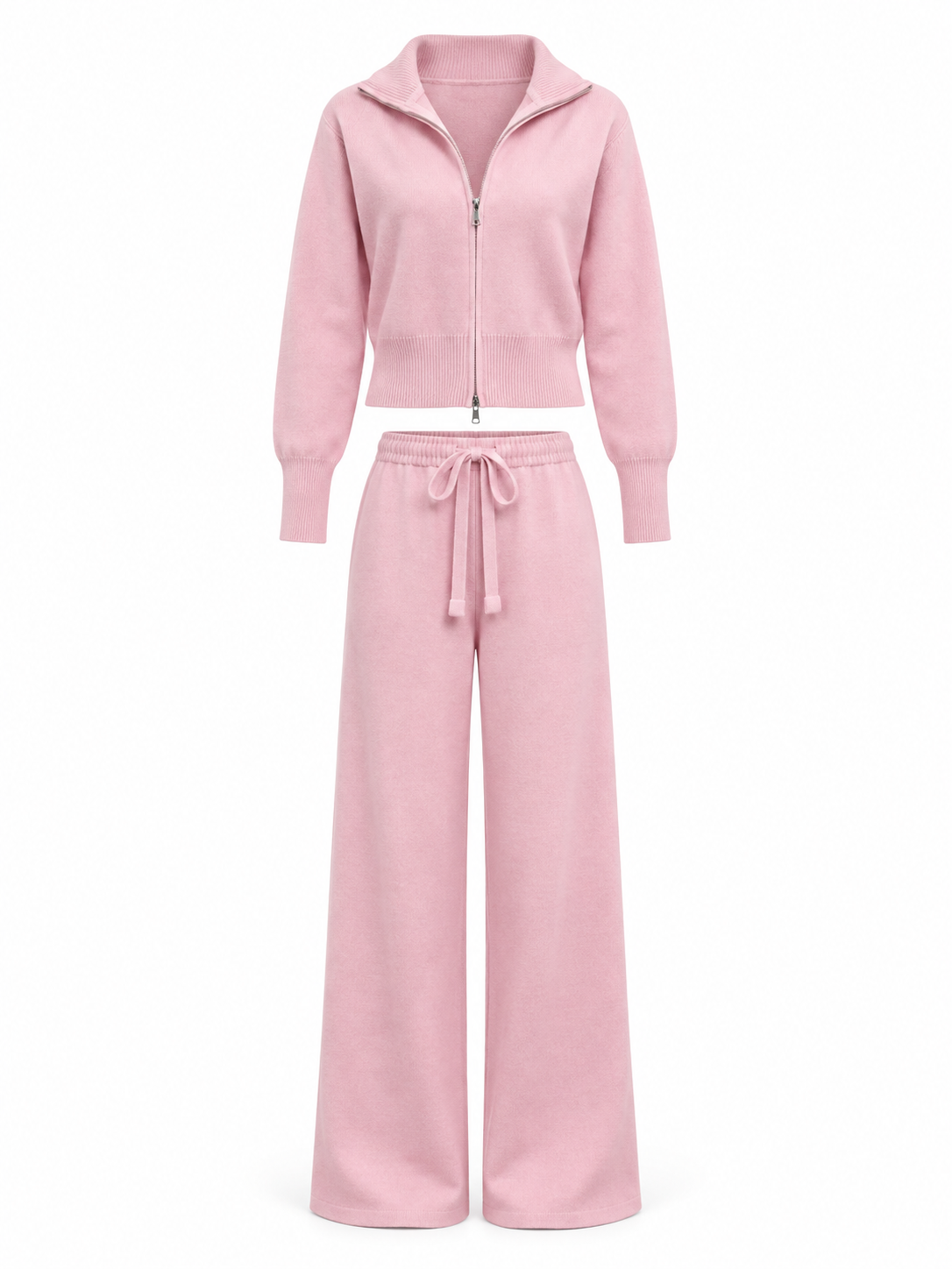 Pink Knit Zip Cardigan & Wide-Leg Trousers Set product view