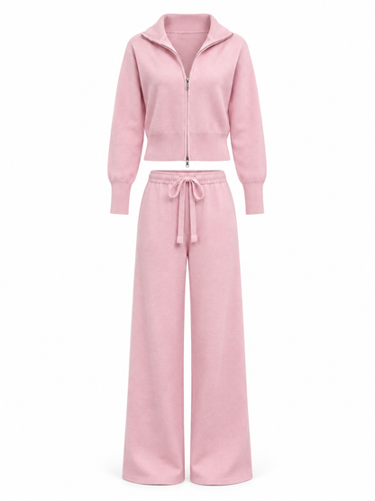 Pink Knit Zip Cardigan & Wide-Leg Trousers Set product view