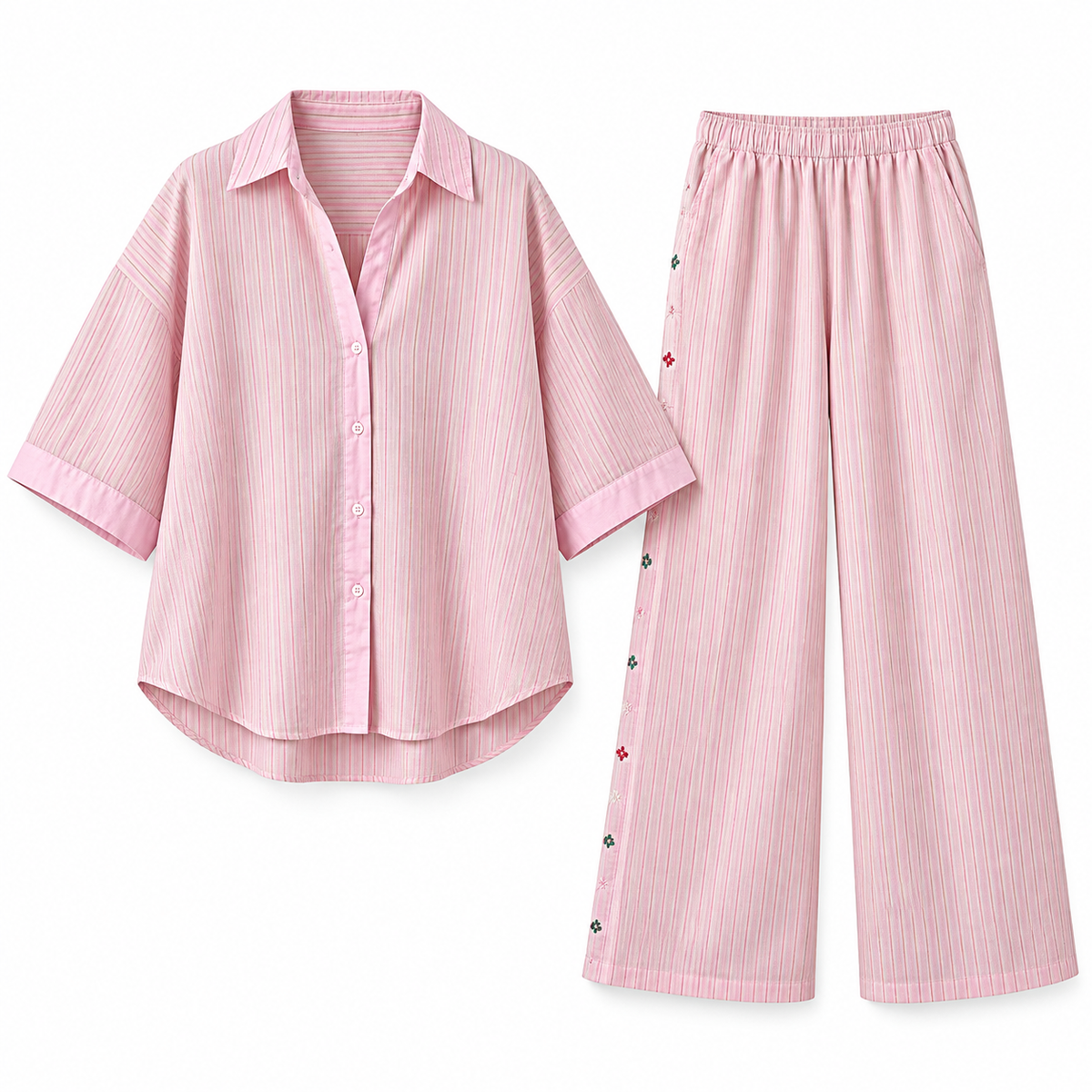 Pink Striped Linen-Look Trouser Set product view