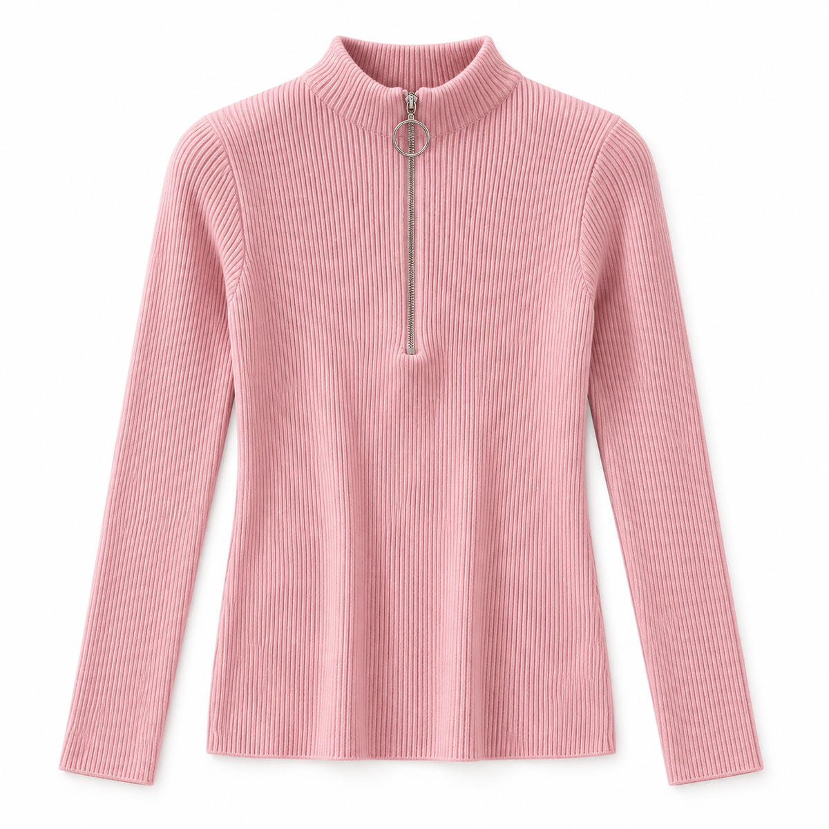 Pink Zip-Neck Knit Sweater product view