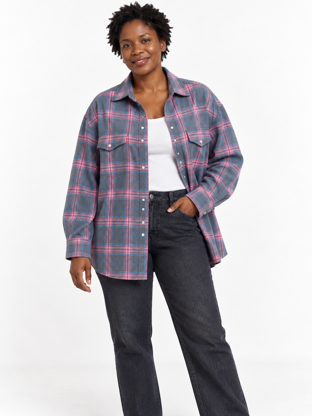 Pink slate plaid Oversized Plaid Shirt shown on a model