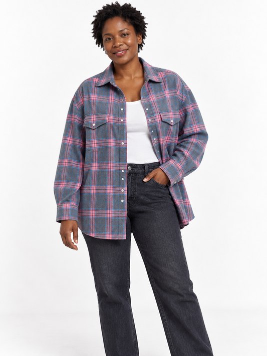 Pink slate plaid Oversized Plaid Shirt shown on a model