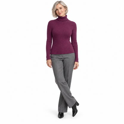 Plum Soft Turtleneck Knit Sweater shown on a model