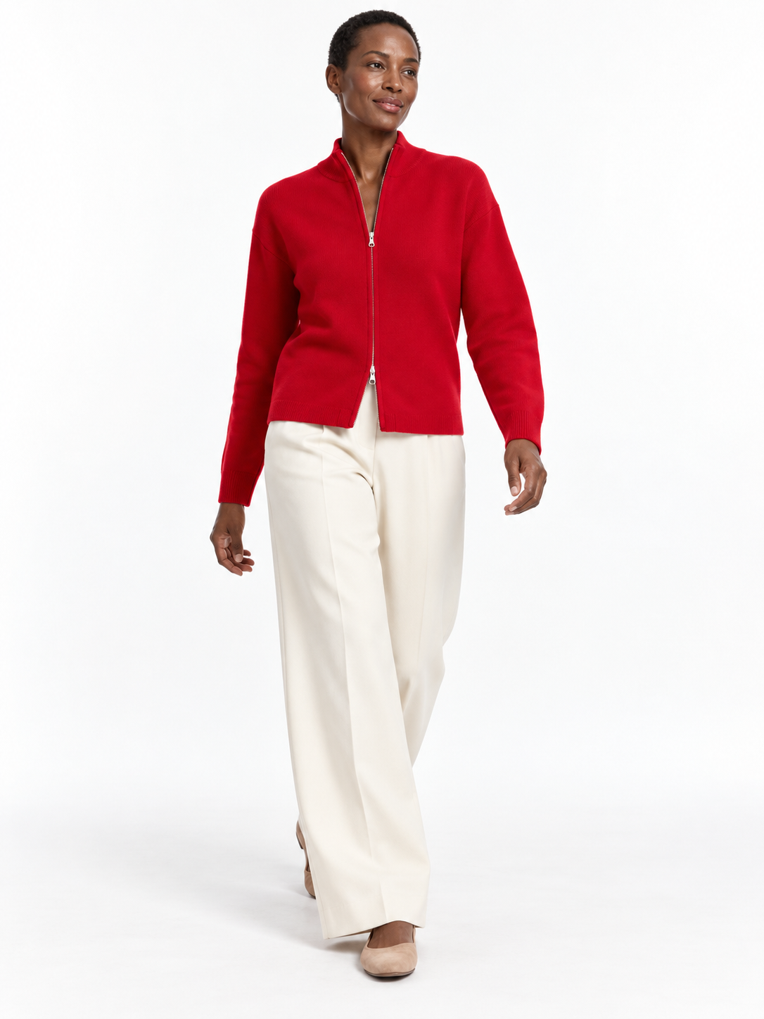 Red Full-Zip Knit Cardigan shown on a model