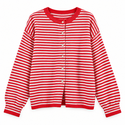 Red white stripe Striped Button Knit Cardigan product view