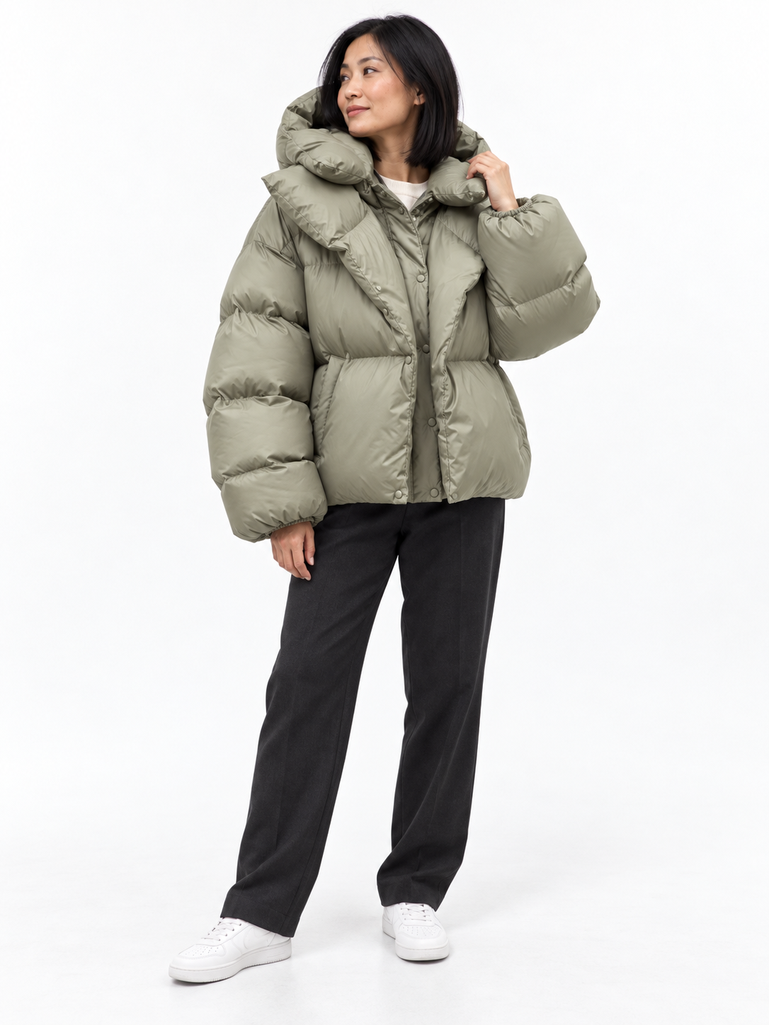 Sage Hooded Puffer Jacket shown on a model