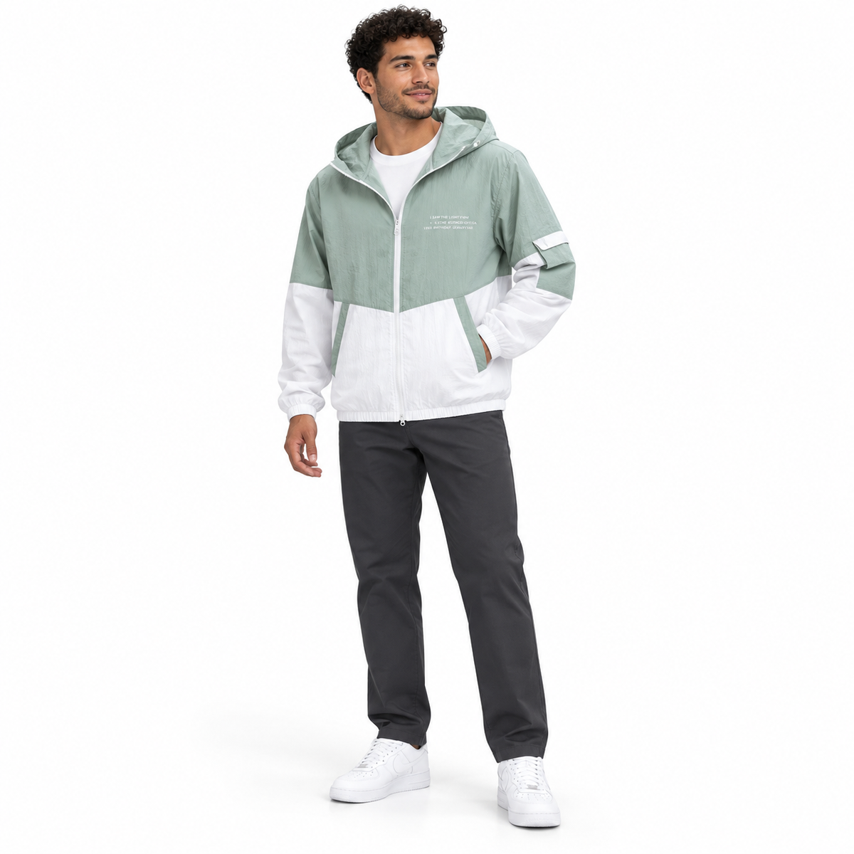 Sage white Lightweight Hooded Windbreaker shown on a model