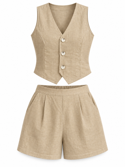 Sand Linen-Blend Vest & Shorts Set product view