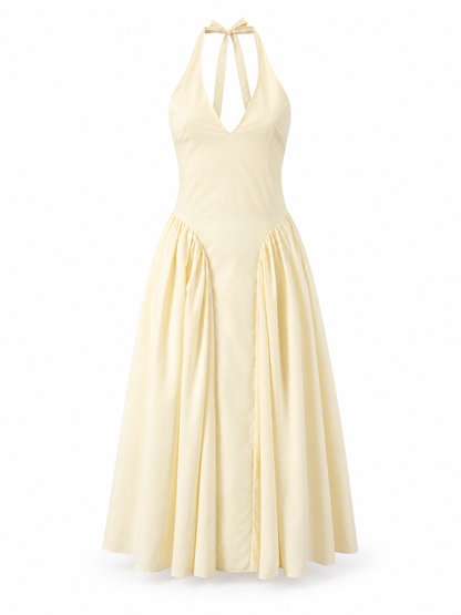 Solid cream Plaid Halter Midi Dress product view