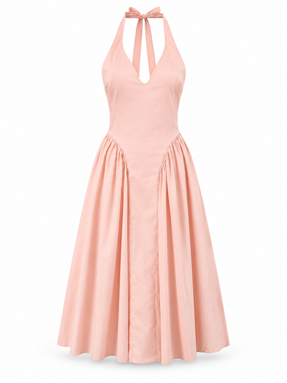 Solid pink Plaid Halter Midi Dress product view