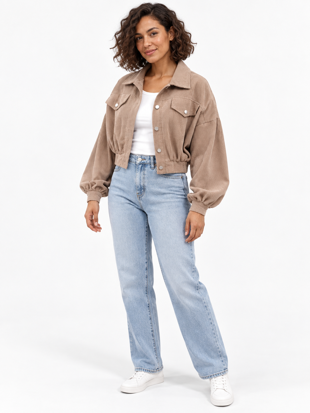 Taupe Cropped Corduroy Jacket shown on a model