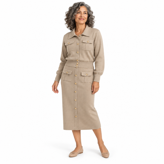Taupe Ribbed Knit Skirt Set shown on a model