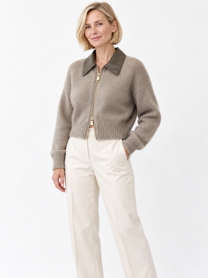 Taupe Cropped Zip Knit Cardigan shown on a model