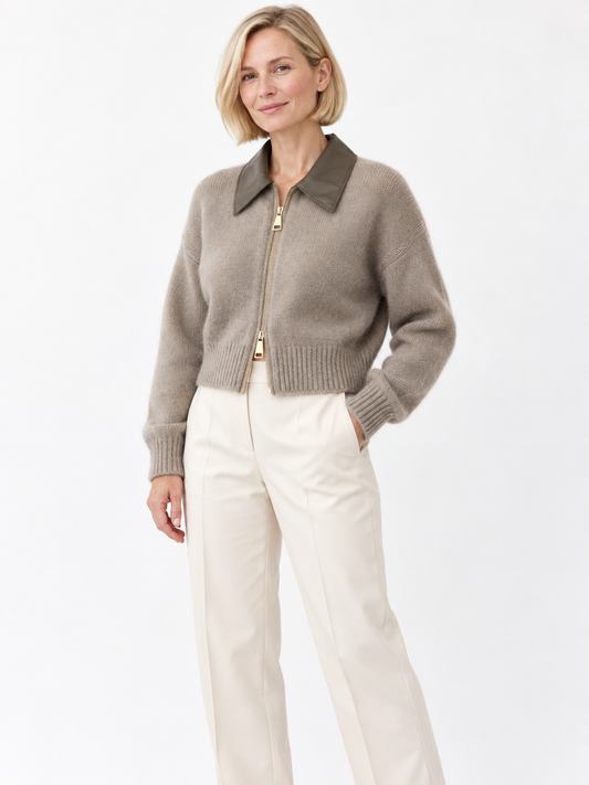 Taupe Cropped Zip Knit Cardigan shown on a model