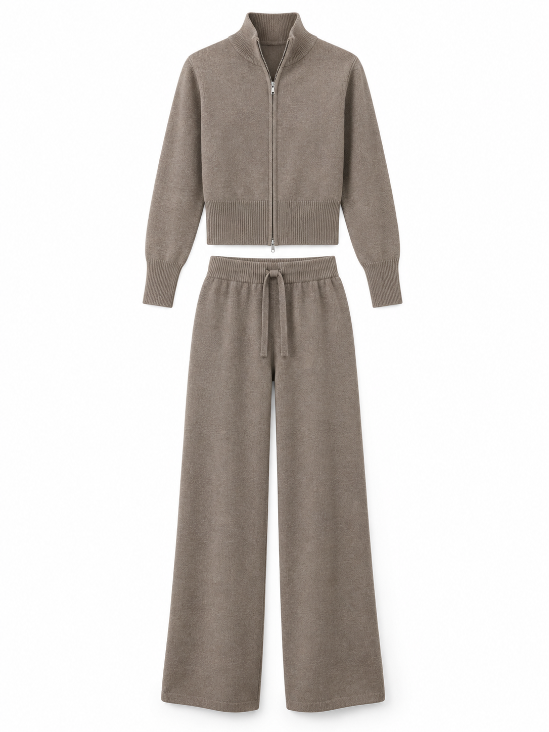 Taupe Knit Zip Cardigan & Wide-Leg Trousers Set product view