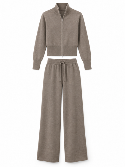 Taupe Knit Zip Cardigan & Wide-Leg Trousers Set product view