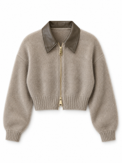 Taupe Cropped Zip Knit Cardigan product view