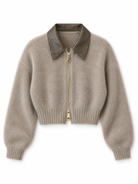 Taupe Cropped Zip Knit Cardigan product view