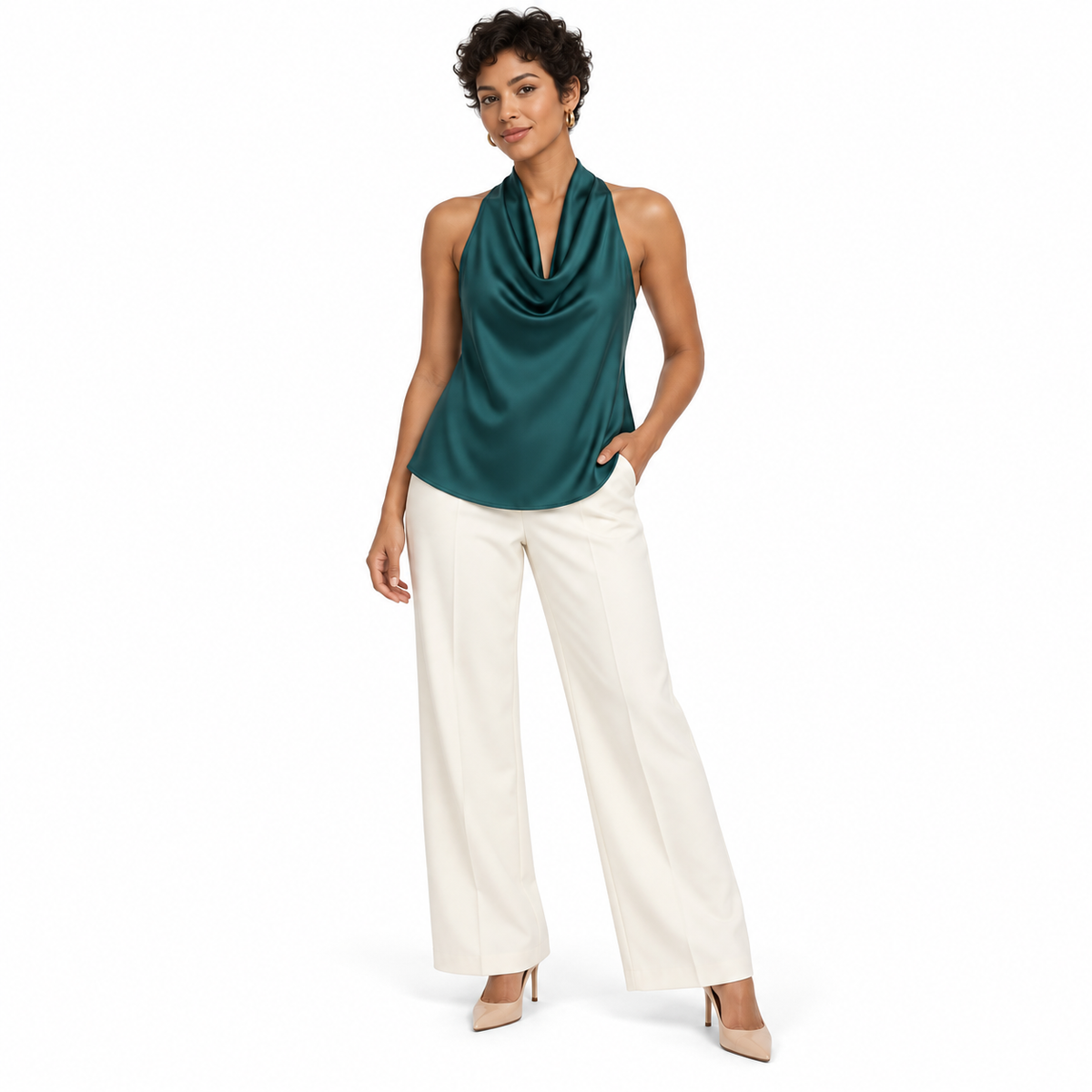 Teal Satin Halter Top shown on a model