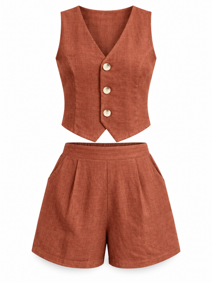 Terracotta Linen-Blend Vest & Shorts Set product view