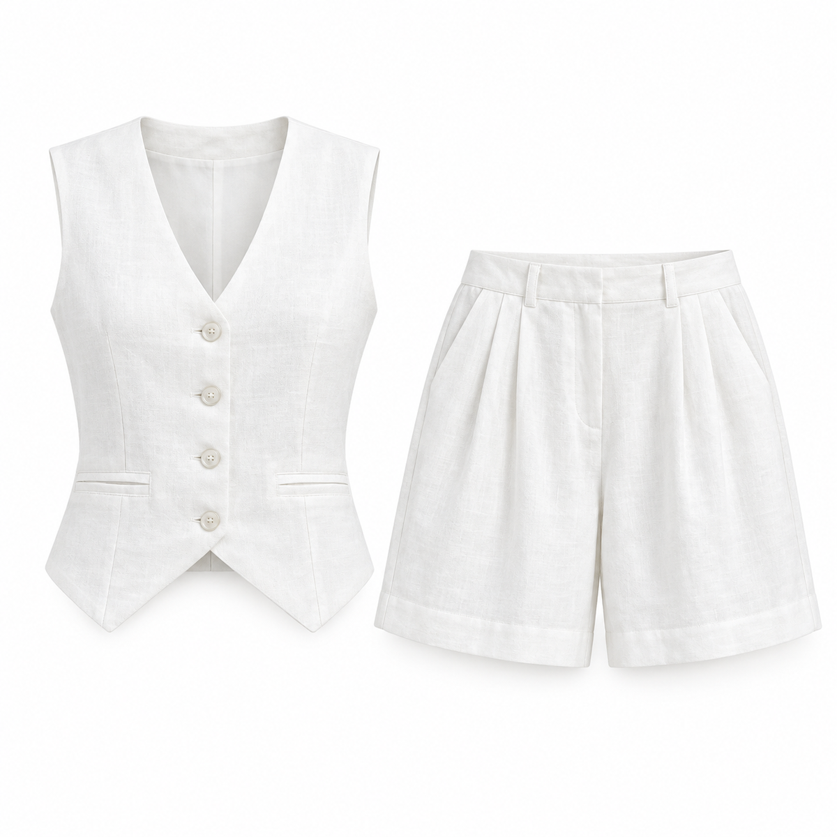 White Linen-Look Vest & Shorts Set product view