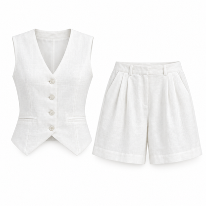 White Linen-Look Vest & Shorts Set product view